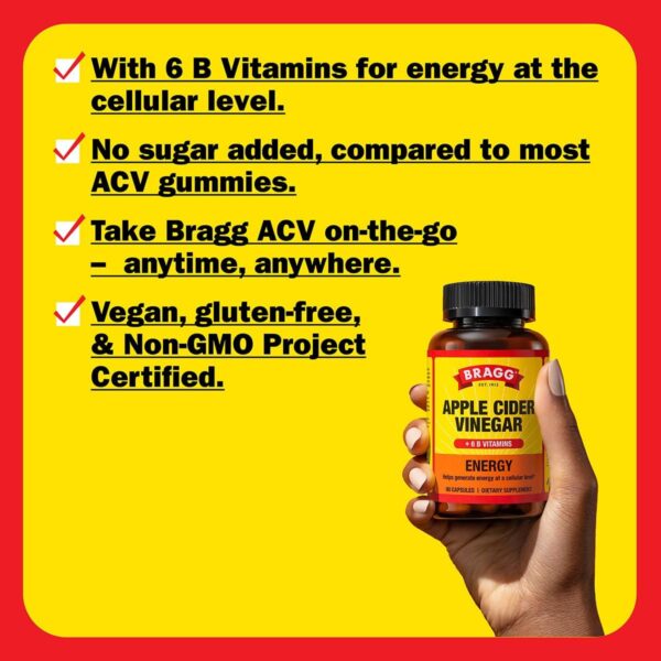 Bragg Energy Apple Cider Vinegar Capsules with B-12 Vitamins - 90 Capsules - Weight Management - Non-GMO, Vegan, Gluten Free, No Sugar - Helps Generate Energy at Cellular Level for Men and Women