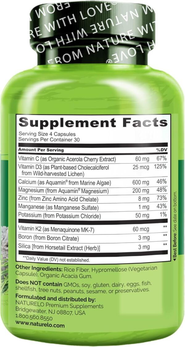 NATURELO Calcium Supplement - with Vitamin C, Vitamin D3, K2, and Calcium Magnesium Zinc for Bone Strength with Calcium 600mg - Plant-Based, 120 Vegetarian Capsules, Non-GMO, Soy & Gluten-Free