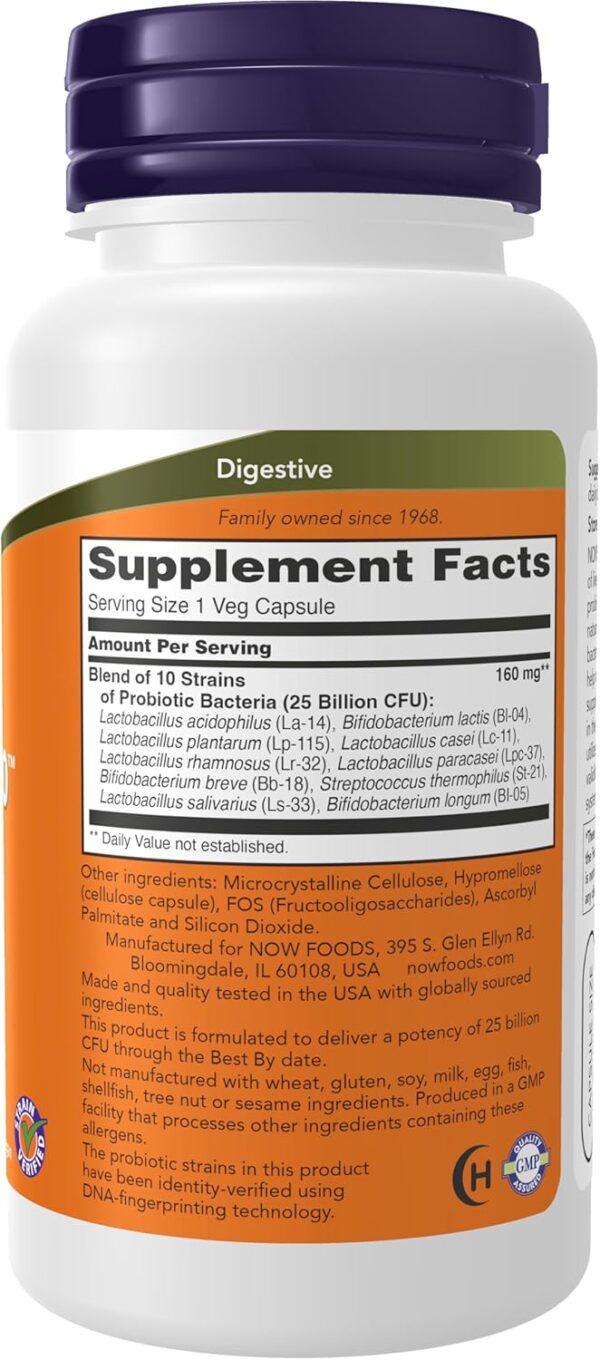 NOW Foods Supplements, Probiotic-10™, 25 Billion, with 10 Probiotic Strains, Dairy, Soy and Gluten Free, Strain Verified, 100 Veg Capsules