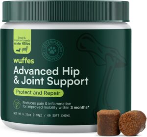 Wuffes Advanced Dog Hip and Joint Supplement with Glucosamine, Chondroitin, Omega 3, MSM, and Green Lipped Mussel, 60 Pork Flavored Chews for Small and Medium Dog Breeds