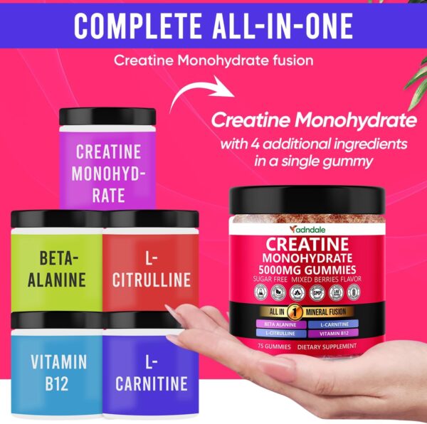 Creatine Monohydrate Gummies for Men & Women – 5000mg per Serving Creatine Supplement with Beta-Alanine, L-Citrulline & B12 – Supports Strength, Energy, and Recovery – 75 Vegan Gummies. Sugar-Free