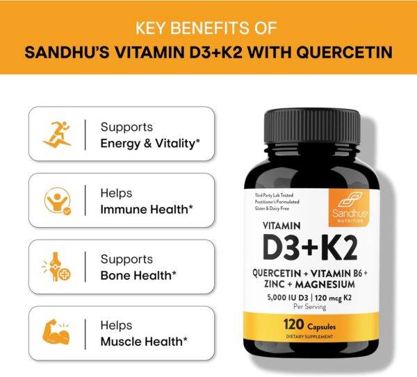 Sandhu's Vitamin D3 K2 Magnesium with Quercetin 5000 IU Capsules for Men & Women | Supports Bone, Muscle & Immune Health | 120 Count (Pack of 1)