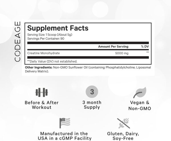 Codeage Liposomal Creatine Powder Supplement - 3-Month Supply - 5000mg Creatine Monohydrate Pre Workout & Post Workouts - Unflavored Creatine, Pure Creatine Powder, Creatinine for Sports - 90 Servings