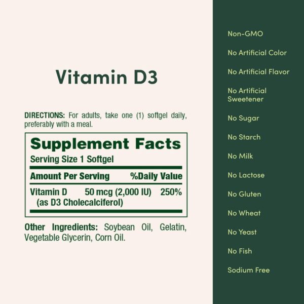 Nature's Bounty Vitamin D3 2000 IU | Supports Immune Health, Calcium Absorption & Bone Strength | Essential for Healthy Bones| Non-GMO, No-Gluten | 350 Softgels, 1 Serving Per Day for Daily Health