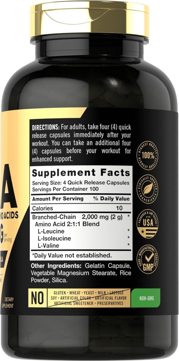 Carlyle BCAA Capsules | 2000mg | 400 Powder Pills | Amino Acids Supplement Blend | for Women and Men | with L-Isoleucine, L-Leucine, L-Valine | Non-GMO and Gluten Free
