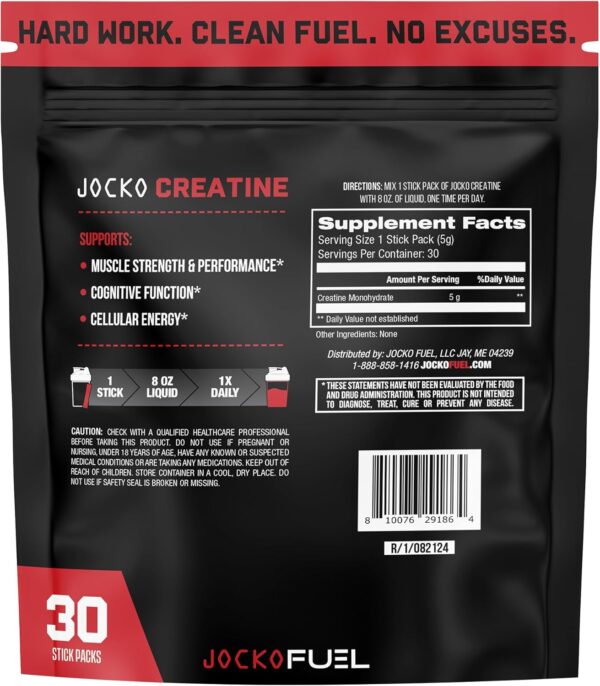 Jocko Fuel Creatine Stick Packs - Creatine Monohydrate Powder Travel Packs for Men & Women, Supplement for Athletic Performance & Muscle Health, 30 Servings 150g (Unflavored)