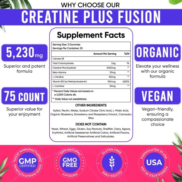 Creatine Monohydrate Gummies for Men & Women – 5000mg per Serving Creatine Supplement with Beta-Alanine, L-Citrulline & B12 – Supports Strength, Energy, and Recovery – 75 Vegan Gummies. Sugar-Free