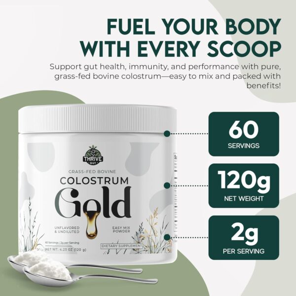 Colostrum Gold - Premium Grass-Fed Bovine Colostrum Powder Supplement for Immunity, Gut Health, Muscle & Wellness - Daily Superfood Supports Hair, Skin, Nails - Women & Men - Unflavored, 60 Servings