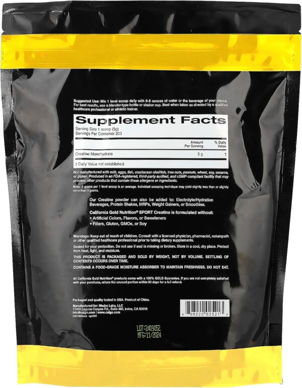 California Gold Nutrition Sport, Creatine Monohydrate, Unflavored, 2.2 lbs (1 kg)