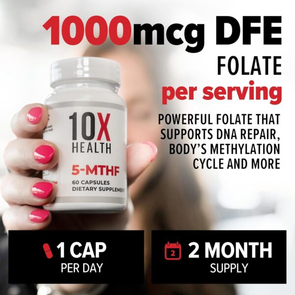 10X Health 5 MTHF Supplement - Methylated Multivitamin with Methylfolate & Magnesium for Brain, Heart Health, DNA & Neurotransmitter Synthesis - Bioavailable 5-MTHF Supplement - 60 Capsules