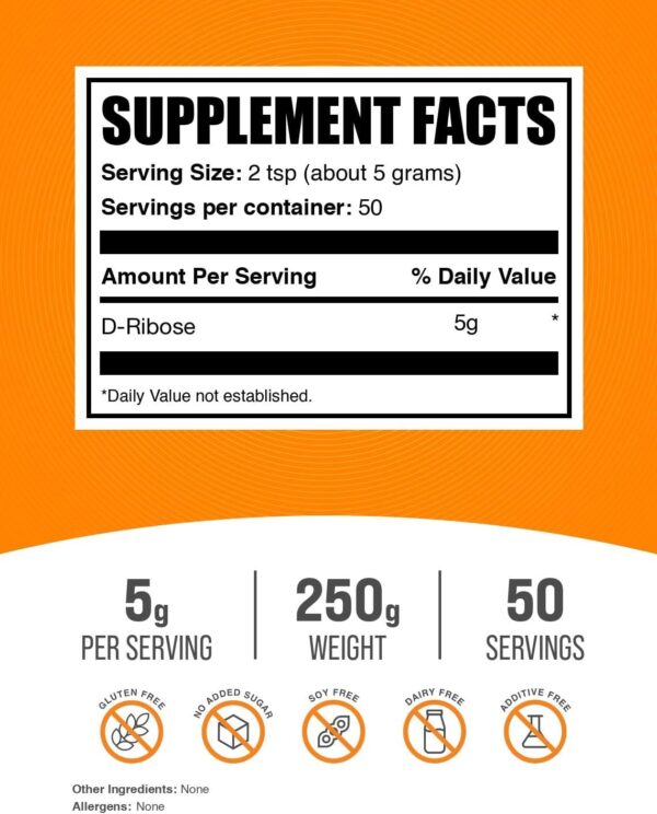 BulkSupplements.com D-Ribose Powder - D-Ribose Supplement, for Energy Support - Unflavored & Gluten Free, 5g per Serving, 250g (8.8 oz) (Pack of 1)