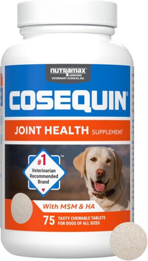 Nutramax Laboratories Cosequin Maximum Strength Joint Health Supplement for Dogs - With Glucosamine, Chondroitin, MSM, and Hyaluronic Acid, 75 Chewable Tablets (Pack of 1)