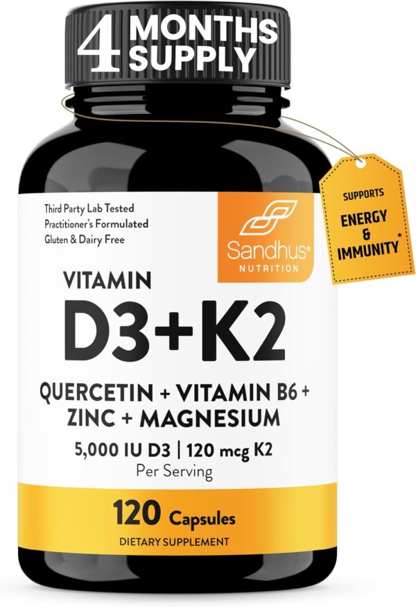 Sandhu's Vitamin D3 K2 Magnesium with Quercetin 5000 IU Capsules for Men & Women | Supports Bone, Muscle & Immune Health | 120 Count (Pack of 1)