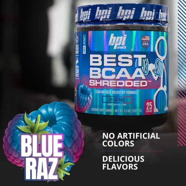 BPI Sports Best BCAA Shredded Caffeine-Free Thermogenic Recovery Formula BCAA Powder Lean Muscle Building Accelerated Recovery - Hydration - Blue Raspberry- 25 Servings - 9.7 Ounce