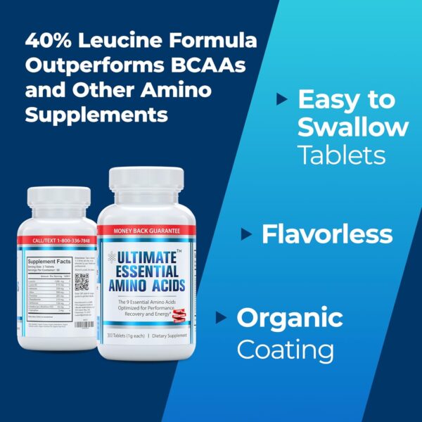 Ultimate 100% Essential Amino Acid Supplement - 3rd Party Tested - 300 Easy-to-Swallow, 1g Coated Tablets - All 9 EAA with 40% Leucine in Optimized BCAA Ratio - Improve Fitness & Performance - Non-GMO