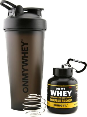 Protein Shaker Bottle With Supplement Keychain Container - BPA Free, Reusable Shaker Cup for Active Weight Lifters and Fitness Enthusiasts - Cute, Fun, and Convenient Design - OnMyWhey