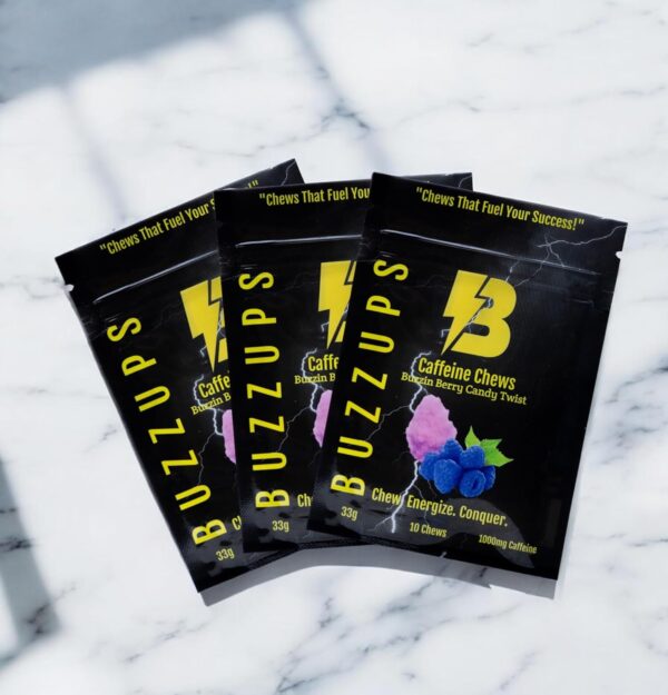 BuzzUps Caffeine Gummies – 100mg Caffeine per Gummy, Buzzin Berry Twist Flavor, 1000mg Total per Pack, Energy Supplement for Running, Cycling, Gaming, Endurance Sports (40 Gummies, 4-Pack)