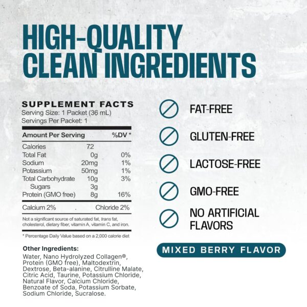 Frog Fuel Ultra Pre Workout Shot & Energy Gel with 1500mg Beta Alanine, Electrolytes 8g Protein Nano-Hydrolyzed Grass Fed Collagen, 10g Carbs, Gluten Free, Fat Free, Berry, 1.2 oz Packets, 24 Pack