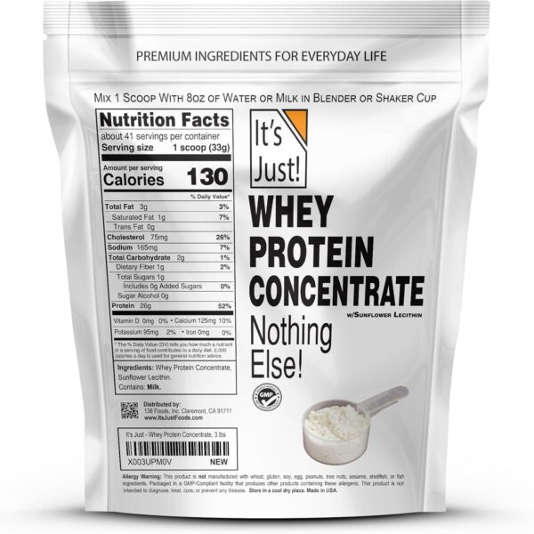 It's Just! - 100% Whey Protein Concentrate, Made in USA, rBGH/RBST Hormone Free, Premium WPC-80, No Added Flavors or Artificial Sweeteners (3 Pound, Unflavored)
