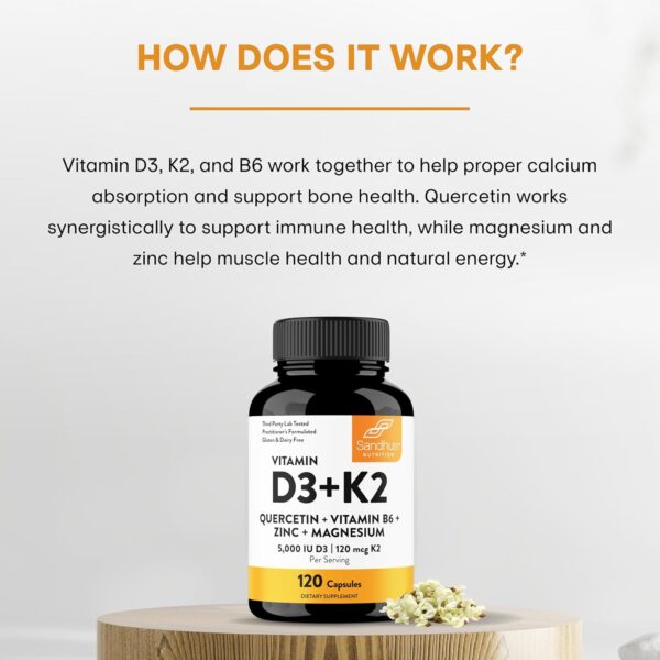 Sandhu's Vitamin D3 K2 Magnesium with Quercetin 5000 IU Capsules for Men & Women | Supports Bone, Muscle & Immune Health | 120 Count (Pack of 1)