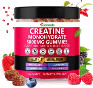 Creatine Monohydrate Gummies for Men & Women – 5000mg per Serving Creatine Supplement with Beta-Alanine, L-Citrulline & B12 – Supports Strength, Energy, and Recovery – 75 Vegan Gummies. Sugar-Free