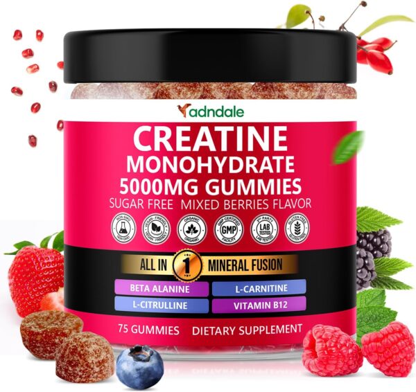 Creatine Monohydrate Gummies for Men & Women – 5000mg per Serving Creatine Supplement with Beta-Alanine, L-Citrulline & B12 – Supports Strength, Energy, and Recovery – 75 Vegan Gummies. Sugar-Free
