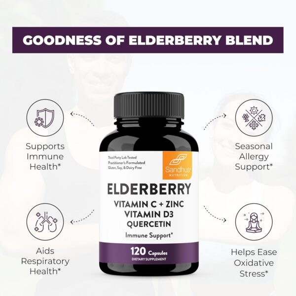 Sandhu's Elderberry Vitamin C & Zinc with Quercetin Capsules for Men & Women | Supports Immune Health | 120 Count (Pack of 1)