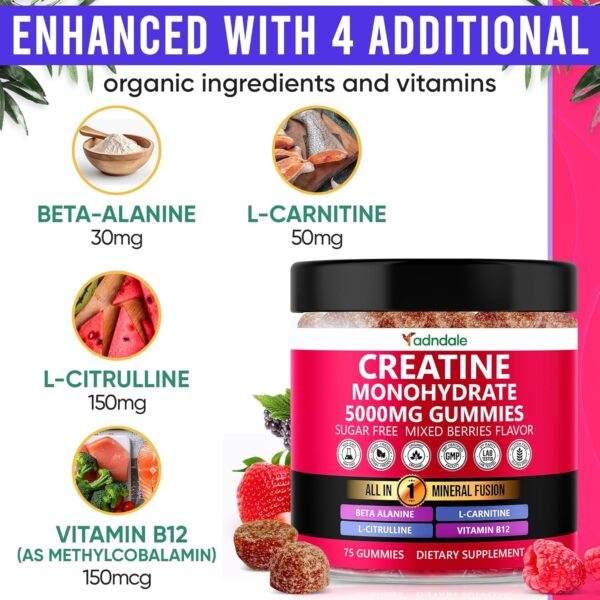Creatine Monohydrate Gummies for Men & Women – 5000mg per Serving Creatine Supplement with Beta-Alanine, L-Citrulline & B12 – Supports Strength, Energy, and Recovery – 75 Vegan Gummies. Sugar-Free