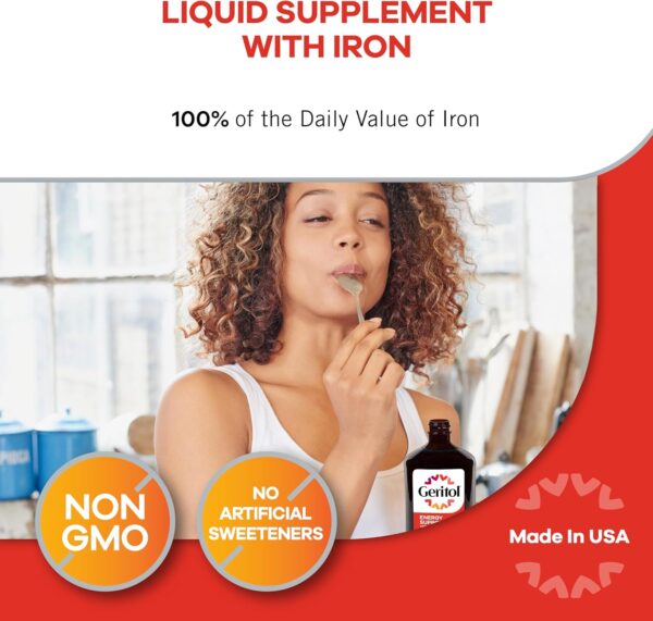 Geritol Liquid Vitamin and Iron Supplement, Energy Support, Contains High Potency B-Vitamins and Iron, Pleasant Tasting, Easy to Swallow, No Artificial Sweeteners, Non-GMO, 12 Oz
