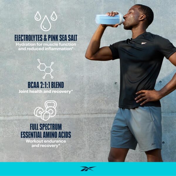 Reebok REECover Amino Acids + Electrolytes | 8g EAAs, 5g BCAAs, Hydration Matrix | Muscle Recovery, Strength | Post-Workout Support | 30 Servings | Strawberry Lemonade