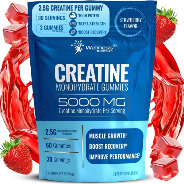 Creatine Gummies 5000mg, 30 Servings Creatine Monohydrate Gummies - Third-Party Tested Creatine for Women, Strawberry Flavor Creatine for Men, Muscle Growth, Strength, and Recovery