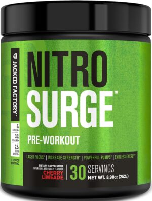 Jacked Factory NITROSURGE Pre Workout Supplement - Endless Energy, Instant Strength Gains, Clear Focus, Intense Pumps - NO Booster & Preworkout Powder with Beta Alanine - 30 Servings, Cherry Limeade