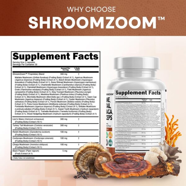 Clean Nutraceuticals Lions Mane 20in1 Mushroom Supplement with Turkey Tail Reishi Cordyceps Chaga Maitake Meshima Poria Cocos Shiitake Oyster Porcini Enoki - Pack