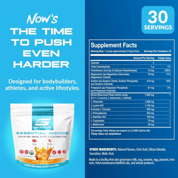 Granite Essential Amino Acids Powder for Muscle Recovery and Growth with 10g EAAs and 7g BCAAs - Soy-Free, Gluten-Free, 448g (30 Servings), Orange Creamsicle Flavor
