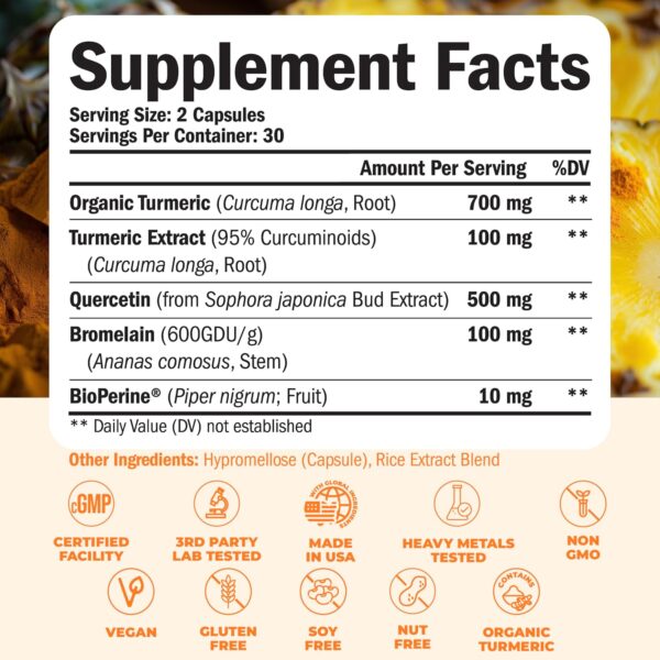 Quercetin with Bromelain Turmeric Supplement - Quercetin 500mg Capsules + Curcumin with Black Pepper - Joint Supplements for Women & Men. Bromelain Turmeric Curcumin Supplement. 60 Tumeric Capsules