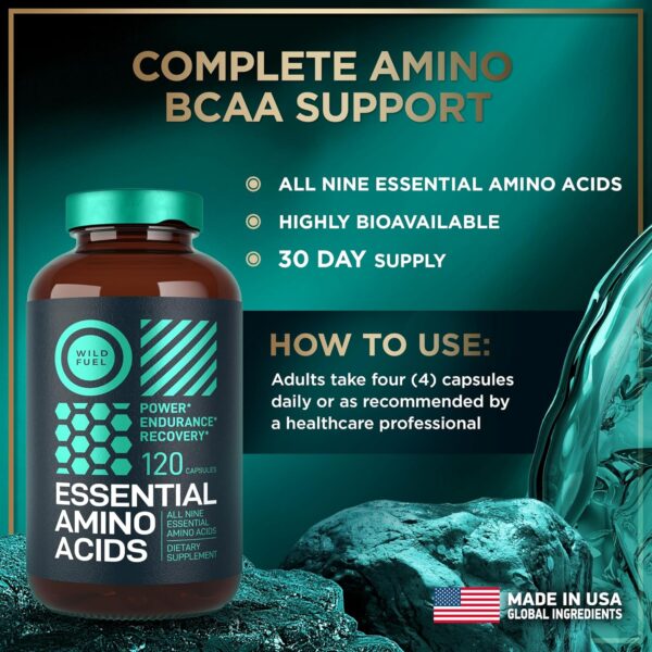 Essential Amino Acids Supplement – 3,000mg Leucine, Lysine, Isoleucine, Tryptophan Complete Complex - All 9 Best Amino Acids for Muscle Growth, Power, Recovery - 120 Vegan, Keto-Friendly BCAA Capsules