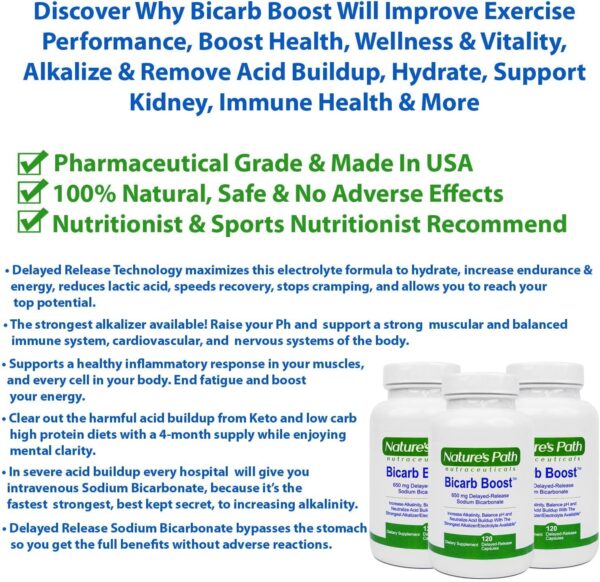 Sodium Bicarbonate 650 mg Tablets - Strongest Alkaline Tablets - Electrolyte Supplement & Keto Electrolyte Pills, Salt Tablets Hydration & Rehydration, Endurance, Stamina: 120 Capsules