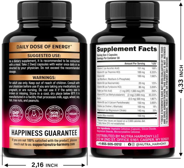 Vitamin B Complex for Men & Women - Made in USA - B-Complex: B1, B2, B3, B5, B6, B7, B8, B9, B12 with Vitamin C, Choline, Inositol - Energy, Brain & Heart Support Supplement, 60 Vegan Capsules