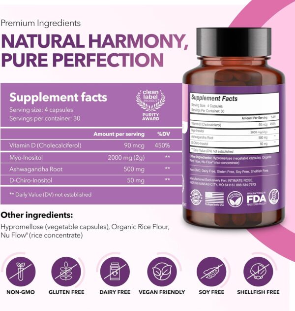Intimate Rose Myo-Inositol & D-Chiro Inositol Supplement for Women - Hormone Balance & Ovarian Support for Women - Ideal 40:1 Ratio, Vitamin D3 + Ashwagandha