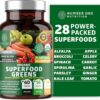 USDA Organic Superfood Greens [28 Powerful Ingredients] Natural Super Greens Capsules, Fruit and Veggie Supplement with Alfalfa, Beet Root and Ginger to Support Energy and Immunity, 60 Tablets