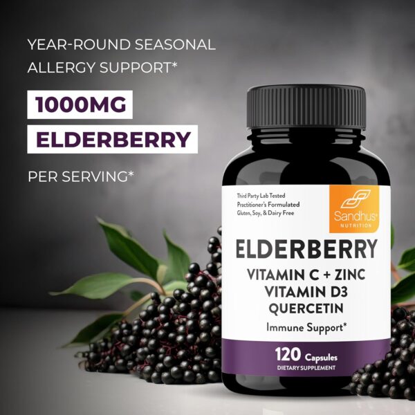 Sandhu's Elderberry Vitamin C & Zinc with Quercetin Capsules for Men & Women | Supports Immune Health | 120 Count (Pack of 1)
