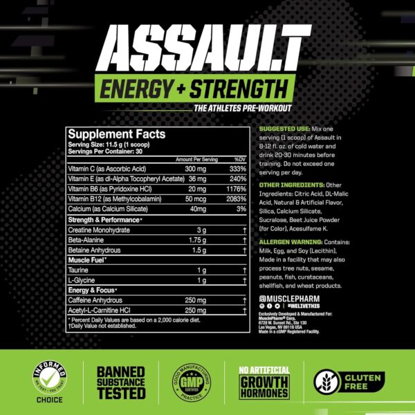 Muscle Pharm Assault Energy & Strength Pre Workout Powder for Men & Women with Beta Alanine, Caffeine, Creatine & Betaine Anhydrous, Pre-Workout Supplements, 30 Servings, Hwachae Melon Flavor