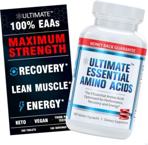 Ultimate 100% Essential Amino Acid Supplement - 3rd Party Tested - 300 Easy-to-Swallow, 1g Coated Tablets - All 9 EAA with 40% Leucine in Optimized BCAA Ratio - Improve Fitness & Performance - Non-GMO