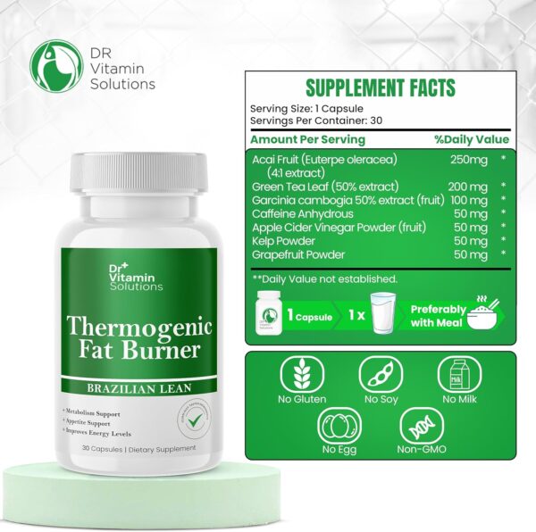 DR VITAMIN SOLUTIONS Thermogenic Fat Burner for Women and Men - Appetite Suppressant for Weight Loss - Includes Green Tea Extracts for Bloat Relief - Metabolism Booster - 30 Weight Loss Pills
