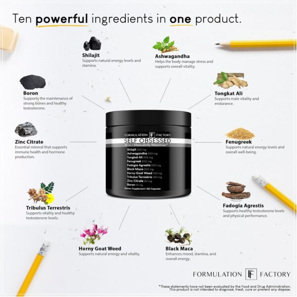 Self Obsessed 10 in 1 Masculinity Maximizer Supplement, Shilajit for Men, Tongkat Ali, Ashwaganda, Fenugreek Muscle Growth, Energy Management, Drive, Strength, Recovery 1-month supply (Pack of 1)
