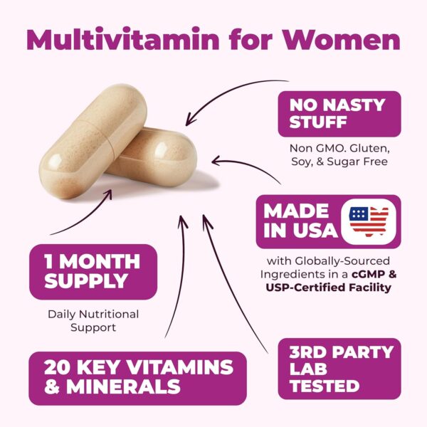 Multivitamin for Women - Daily Womens Multivitamin & Multimineral with Vitamin A, C, D, E, B12, Zinc & More. Essential Vitamins for Women for Energy, Focus, Hair Growth & Overall Health. 60 Capsules