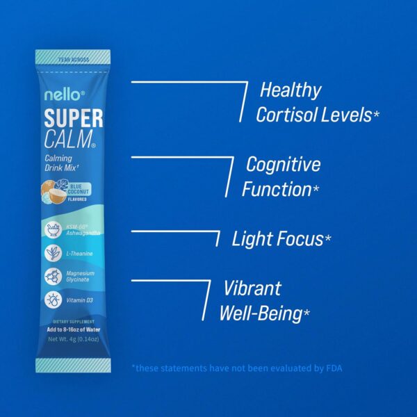 Supercalm Powdered Drink Mix, Blue Coconut, L Theanine, Ksm-66 Ashwagandha, Magnesium Glycinate, Vitamin D 3, Supplements for Relaxation & Focus, No Sugar, Non GMO, On The Go, 20 Srvgs