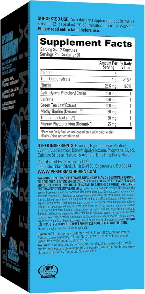 PERFORMIX Supercharged Preworkout - Sustained Energy, Endurance, and Focus - Premium Muscle Supporting Oceanix and Alpha GPC for Hardcore Training & Body Building (60 Capsules)