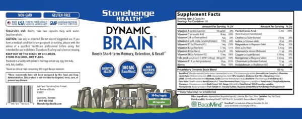 Stonehenge Health Dynamic Brain Supplement – New Formula with BacoMind for Memory Acquisition, Retention, & Recall with 40 Unique Nootropic: Choline, Phosphatidylserine, and Huperzine A