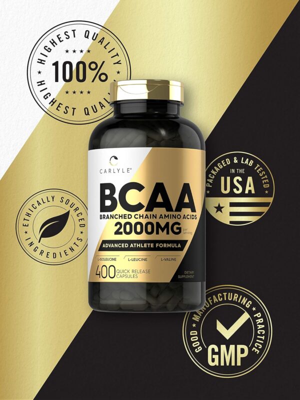 Carlyle BCAA Capsules | 2000mg | 400 Powder Pills | Amino Acids Supplement Blend | for Women and Men | with L-Isoleucine, L-Leucine, L-Valine | Non-GMO and Gluten Free